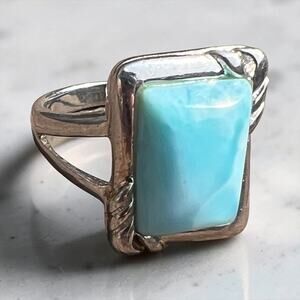 Sterling Silver Blue Stone Ring Rectangle Bezel Minimalist Modern size 8.75